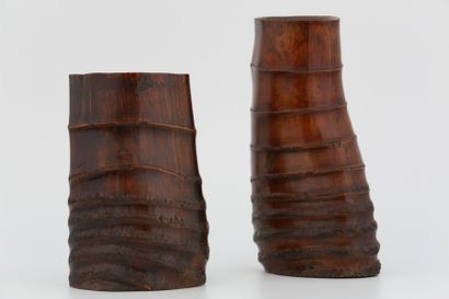 null Japon XIXème siècle- 2 Vases à Ikebana, hankago sculptés dans un bambou (fentes...