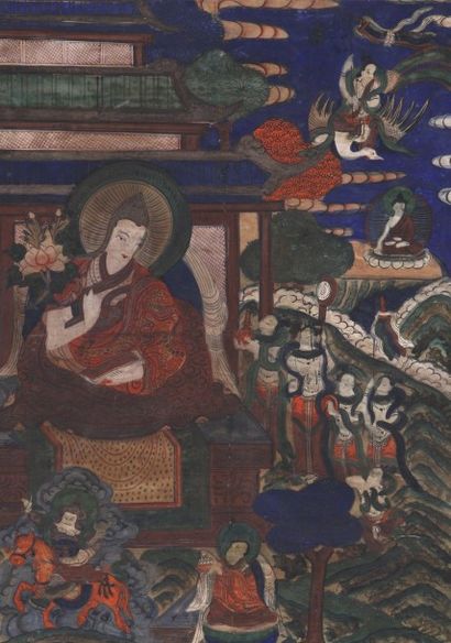 null Tibet Epoque Fin du XIXème siècle - Thankga en couleurs sur toile représentant...