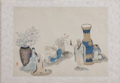 null 7/ Chine Période République - Sages parmi les objets mobiliers - Encre et couleur...