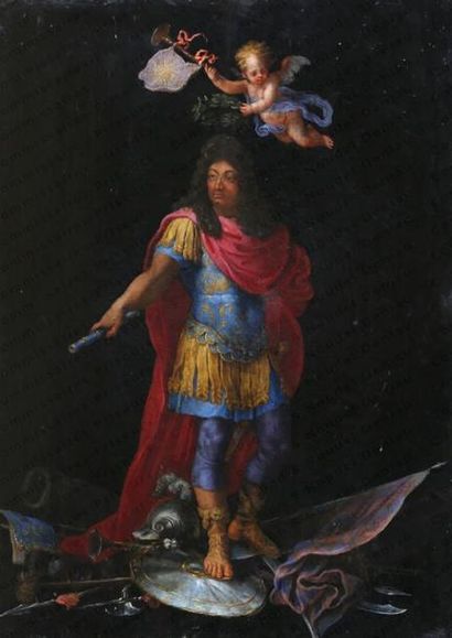 null ÉCOLE FRANÇAISE DU XVIIe SIÈCLE.

Portrait du roi Louis XIV en armure, surmonté...