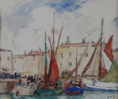 null Georges d'ESPAGNAT (1870-1950) 

Port de Saint-Tropez 

Fusain aquarelle et...