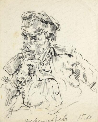 null SOLOGOUB Léonid Romanovitch (1884-1956). 

Portrait d'un soldat russe. 

Fusain,...