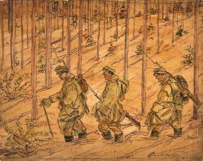null SOLOGOUB Léonid Romanovitch (1884-1956). 

Soldats marchant en forêt durant...