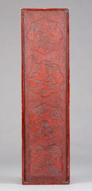 null CHINE XIXème Siècle

Grand panneau en laque cinabre sculpté et décoré de sages,...