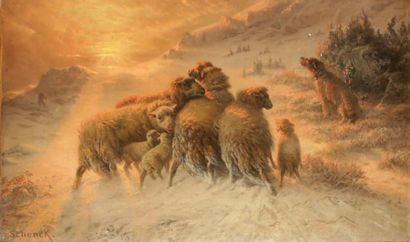 null August Friedrich SCHENCK (1828-1901)

Chien et son troupeau surpris par la neige

Huile...