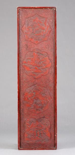 null CHINE XIXème Siècle

GRAND PANNEAU en laque cinabre sculpté et décoré de sages,...