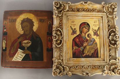 null LOT DE 2 ICONES ORTHODOXES figurant une Vierge à l'enfant moderne et St Jean...