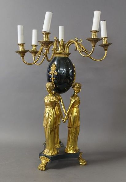 null IMPORTANT PIED DE LAMPE de Style Empire en bronze doré et métal laqué

6 bras...