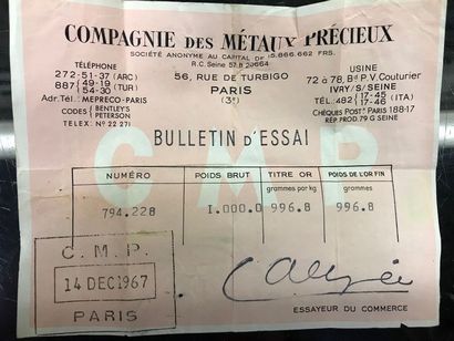 null 1 LINGOT D'OR n° 794228

Poids or. 996.8 g

Avec bulletin d'essai



Frais de...