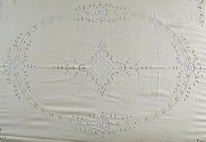 null GRANDE NAPPE en fil et dentelle champagne d'Epoque 1900 à décor ajouré et incrusté...