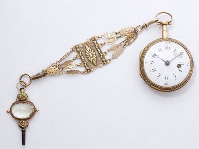 null Montre de poche 3 ors 750 millièmes, cadran émaillé blanc avec chiffres arabes...