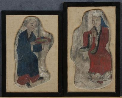 null CHINE - Probablement de la période Ming 

Deux personnages

Peintures sur pisé

39,5...