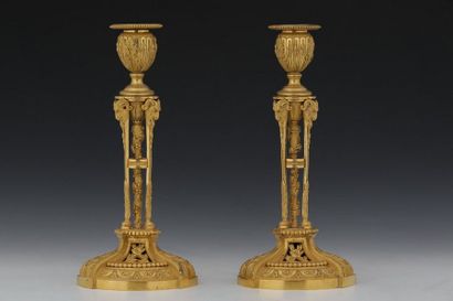 null PAIRE DE FLAMBEAUX 

Style Louis XVI - XIXème Siècle

Bronze doré

Riche décor...