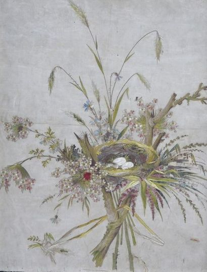 null SOIE BRODÉE 

XVIIIème Siècle

Décor de nid d'oiseau au milieu de fleurs des...