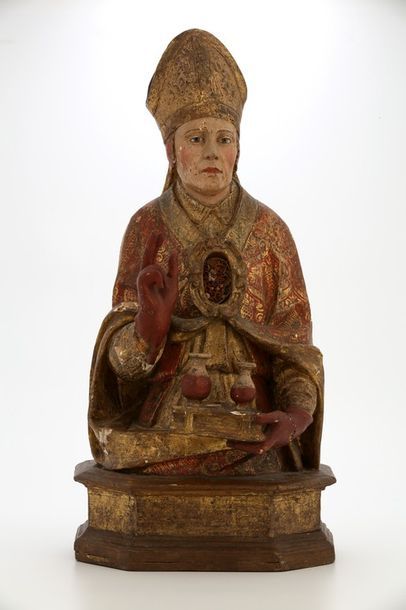 null RARE BUSTE RELIQUAIRE DE SAINT JANVIER en bois sculpté en ronde-bosse, polychromé...