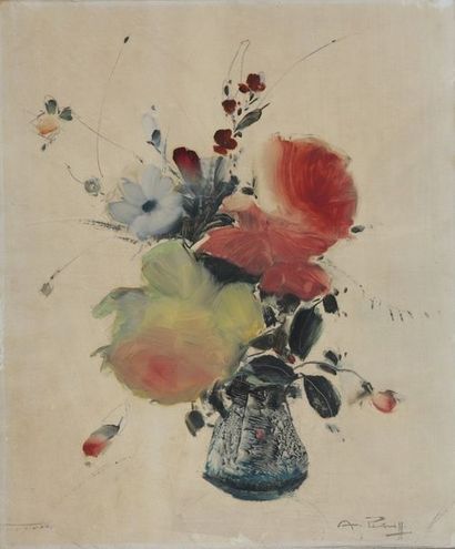 null André PETROFF (1894-1975) 

Bouquet de fleurs

Huile diluée sur panneau

Signée...