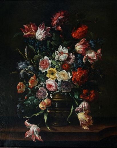 null GRANDE HUILE SUR TOILE

Style du XVIIème Siècle

Vase de fleurs sur un entablement

91.5...