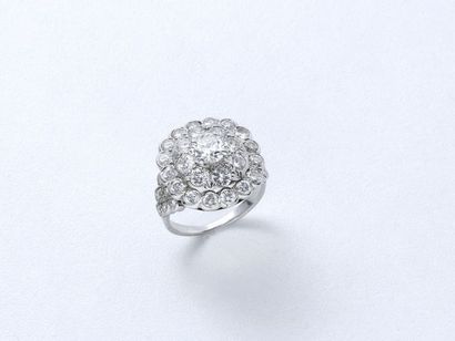 null Bague en or gris 750 millièmes, stylisant une fleur, centrée d'un diamant demi-taille...