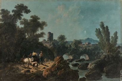 null Jean PILLEMENT (Lyon, 1728 - Lyon, 1808)

Paysage au pont et aux bergers 

Toile

61,3...