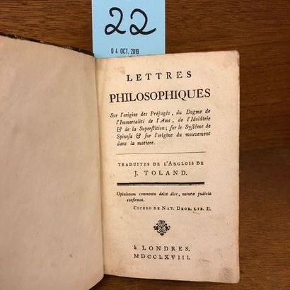 null Critique de Spinoza.- TOLAND (J[ohn)]. Lettres philosophiques sur l’origine...