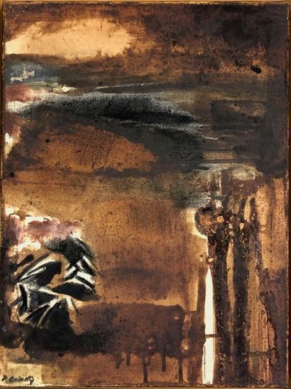DEBATTY (Pierre). "Composition" (1988). Huile sur toile, signée au coin infér. gauche,...