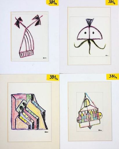 REM (Raymond Coninck, dit). "Compositions". Ensemble de 4 pastels et encres sur papier,...