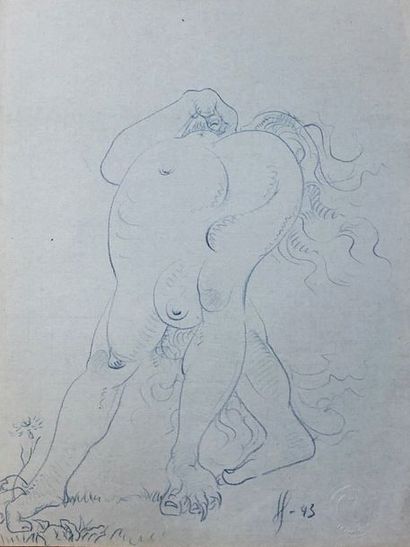 SERVRANCKX (Victor). "Composition surréaliste" (1943). Crayon sur papier vergé bleu,...
