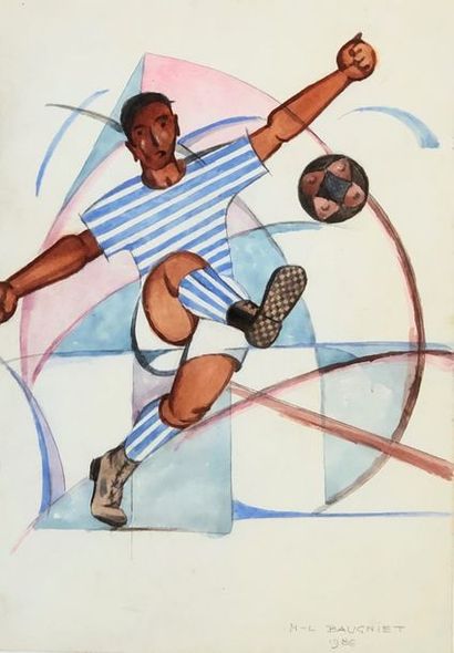 BAUGNIET (M.-L.). "Le Footballeur" (1986). Gouache, titrée, datée et signée, montée...