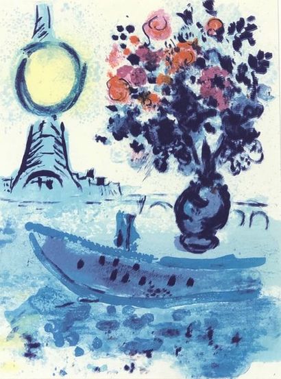 CHAGALL (Marc). "Boat fly to the bouquet." Colour lithograph printed on Arches vellum,...