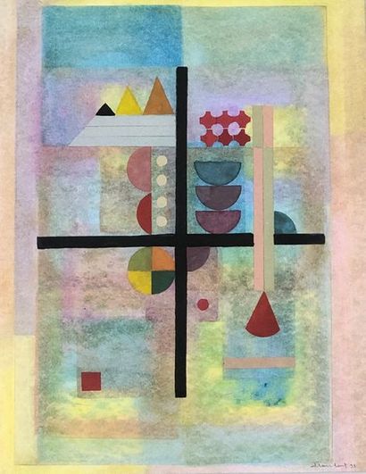 CLAREBOUT (Pierre). "Composition" (1993). Collage and pastel on paper, titled, dated...