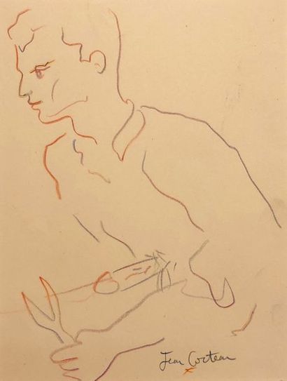 COCTEAU (Jean). "Le Souffleur de verre" (ca 1956). Dessin aux crayons de couleurs...