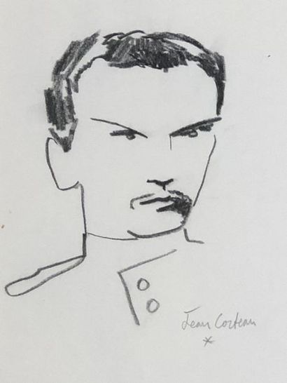 COCTEAU (Jean). "Portrait de Tolstoï en tenue d'officier" (1954). Dessin à la mine...