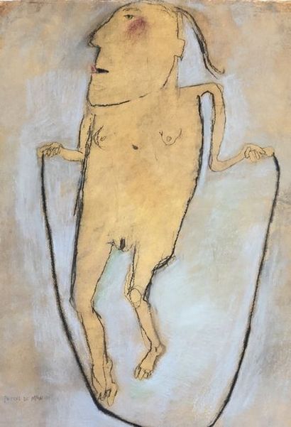 DE MAN (Petrus). "Dancer on the rope" (1977). Mixed media on paper, titled, dated,...