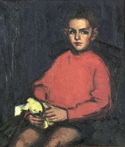 DE VOOGHT (Robertine). "Jongen met rode trui." (Boy in red sweater) Oil on canvas,...