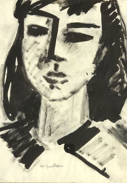 GUILLAIN (Marthe). "Portrait de femme". Lavis d'encre, signé au coin infér. gauche,...