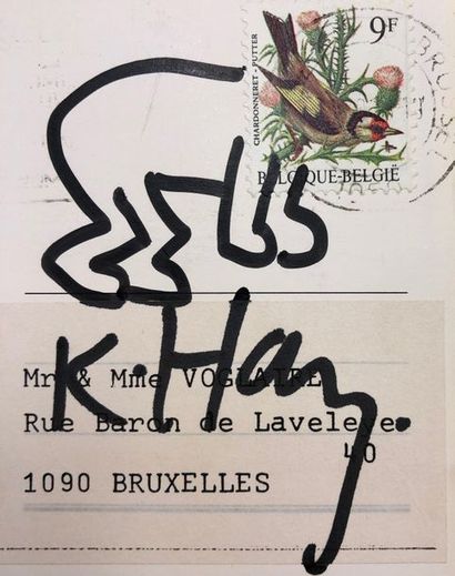 HARING (Keith). Rare invitation card enriched with a signed drawing with a black...