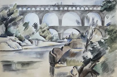 LHOTE (André). "Le Pont du Gard" (ca 1925-30). Aquarelle sur papier, signée au coin...