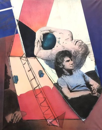 MARA (Pol). "Vertical Ball Game" (1971). Huile sur toile, titrée, datée, signée et...