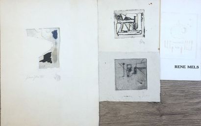 MELS (René). "Abstractions." Set of 3 small original etchings in black and 1 in color...