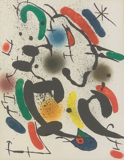 MIRÓ (Joan). Untitled. Colour lithograph, mounted under white matting and white wooden...