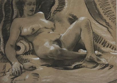 SERVRANCKX (Victor). "Nude on the sofa" (1944). Charcoal drawing enhanced with chalk,...
