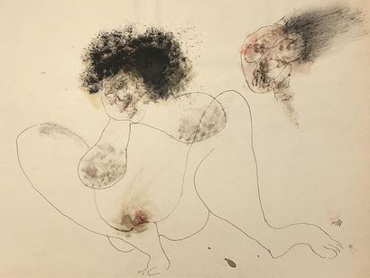 null VAN HUNG (Nguyen). "Composition" (10/1988). Pastel, encre et aquarelle sur papier,...