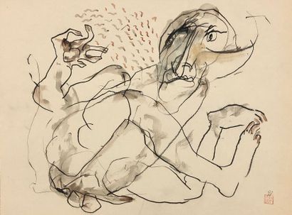 null VAN HUNG (Nguyen). "Composition" (1988). Pastel et aquarelle sur papier, situé,...