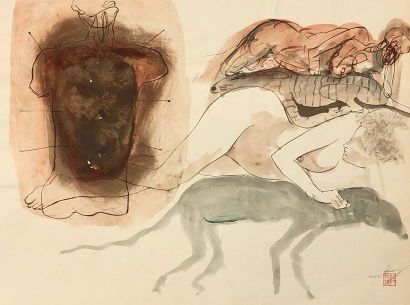 null VAN HUNG (Nguyen). "Nu et chien" (01/1991). Pastel, encre et aquarelle sur papier,...