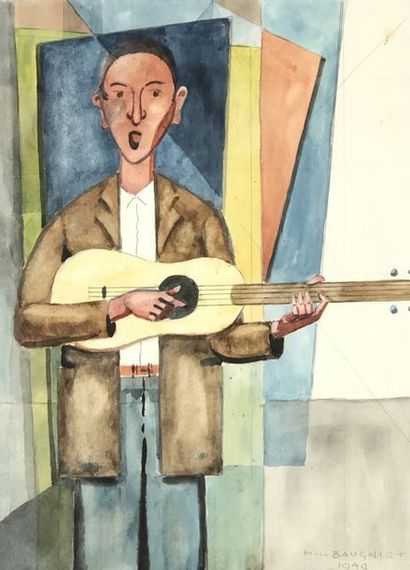 BAUGNIET (Marcel-Louis). "The Guitar Player" (1949). Watercolor and pencil, dated...