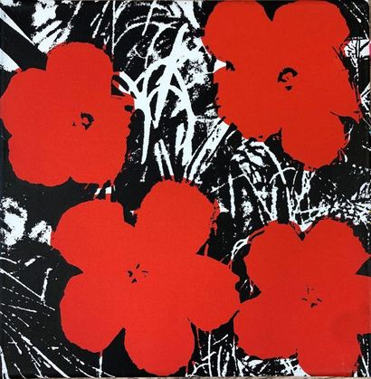 WARHOL (d'après Andy). "Flowers" (ca 1970). Silkscreen on canvas, mounted on stretcher....