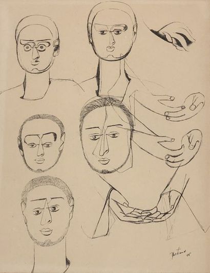 BERTRAND (Gaston). "Etudes de têtes" (1956). Dessin à l’encre, titré, daté et signé...