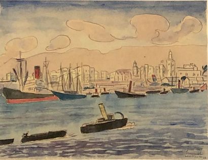 CANNEEL (Jules Marie). "Le Port de Casablanca" (1926). Aquarelle sur papier, située,...