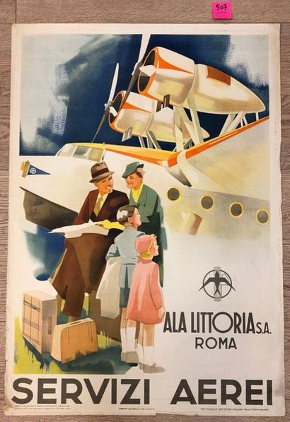 ANONYME. "Servizi aerei - Alla littoria S.A. Roma" (1937). Lithographie en couleurs....