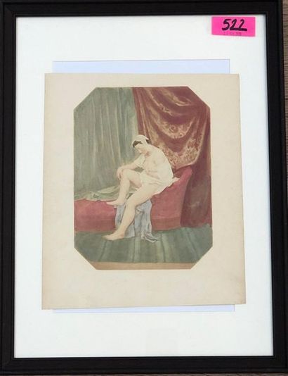 BELLOC (Auguste). "Nu à la méridienne" (ca 1855). Tirage sur papier salé, rehaussé...
